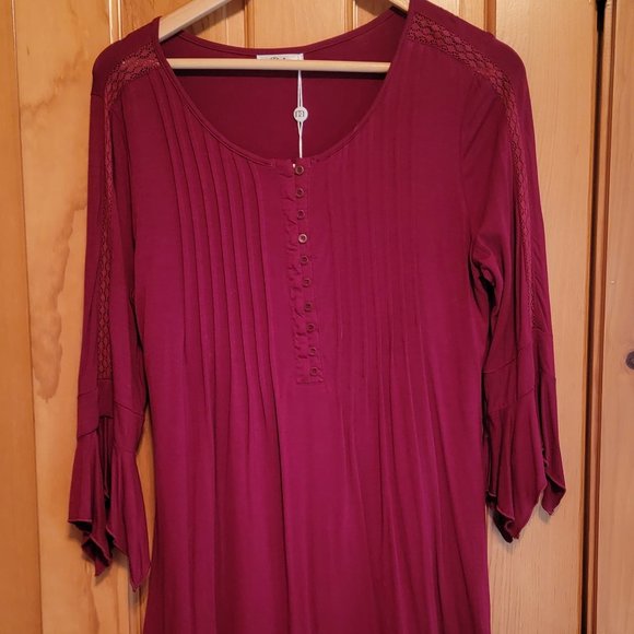 NWT Peasant Top, Bell Sleeve, Lace Inset, Henley Button Blouse - Picture 4 of 5
